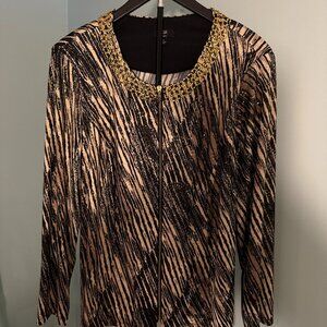 MSK Women's Elegant Black & Tan w/Gold Collar Lightweight Jacket Poly/Spandex Si